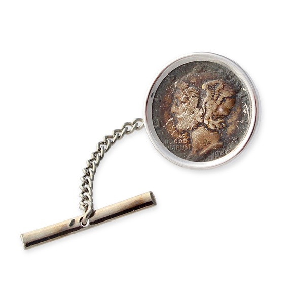 Vintage 1942 Mercury Dime Sterling Silver Tie Tack 1940s World War II Era Coin - Picture 1 of 5